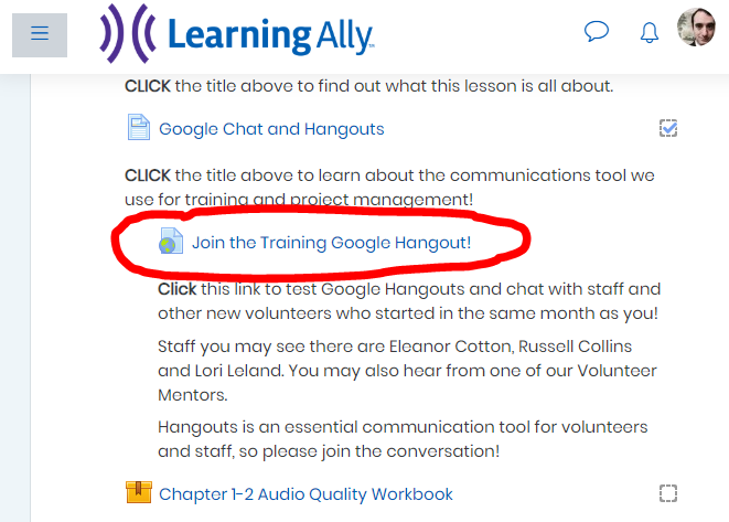 Screen shot of the Training Center lesson on Google Chat with link to the Hangout